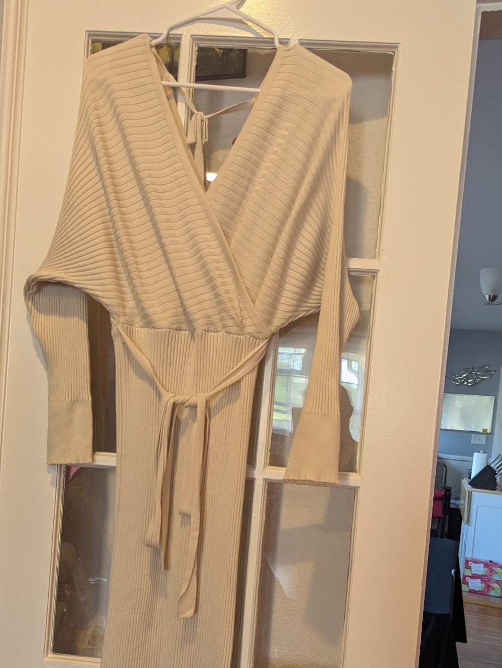Cream Ribbed Wrap Midi Dress